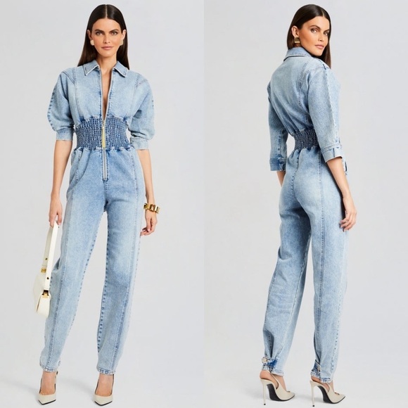 NWT RETROFETE Denim Short Sleeve Tassel Zip Front Smocked Waist Jumpsuit XXL - Picture 1 of 8